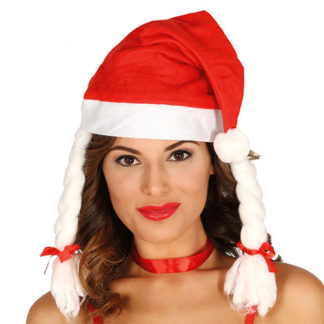 Confezione 6 Cappelli Natalizi di Babbo Natale FYQ-119 Red Babbo Natale con Doppie trecce a Coda di Cavallo Cappelli Invernali Natalizi Rossi per Adulti 