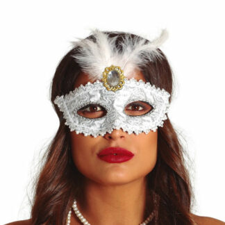 Maschera Veneziana bianca con piume