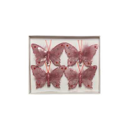 Farfalla Glitter Pink con piume Set 4 pezzi cm. 6